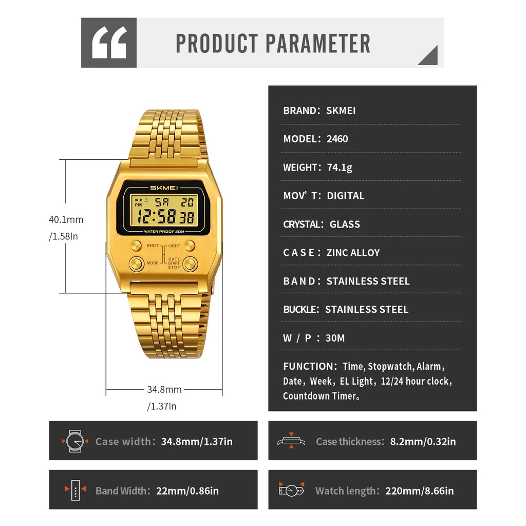 SKMEI 2460 Wristwatches Reloj Hombre Waterproof Digital Watch for Men Stainless Steel Sport Luxury Retro LED Electronic Mens