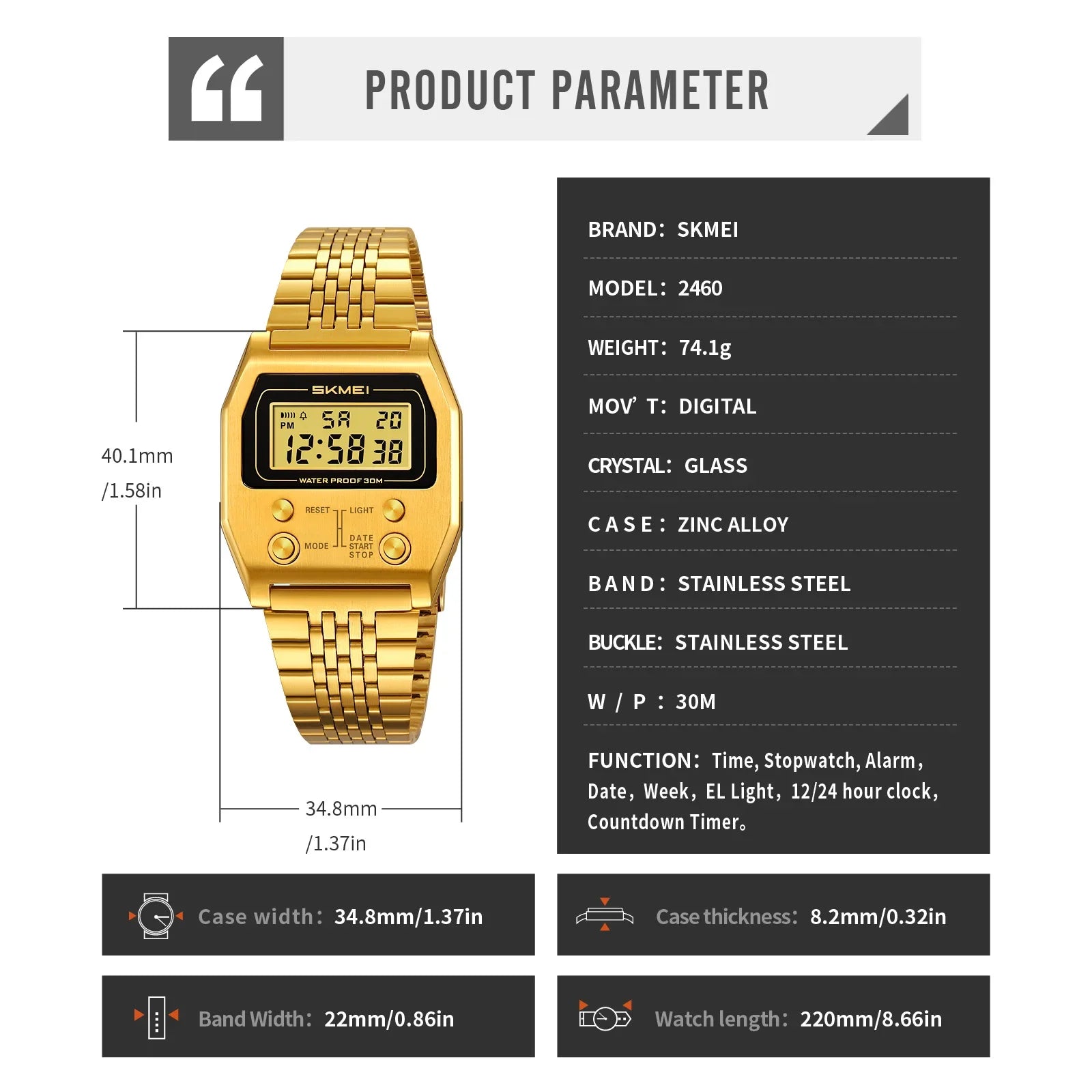 SKMEI 2460 Wristwatches Reloj Hombre Waterproof Digital Watch for Men Stainless Steel Sport Luxury Retro LED Electronic Mens