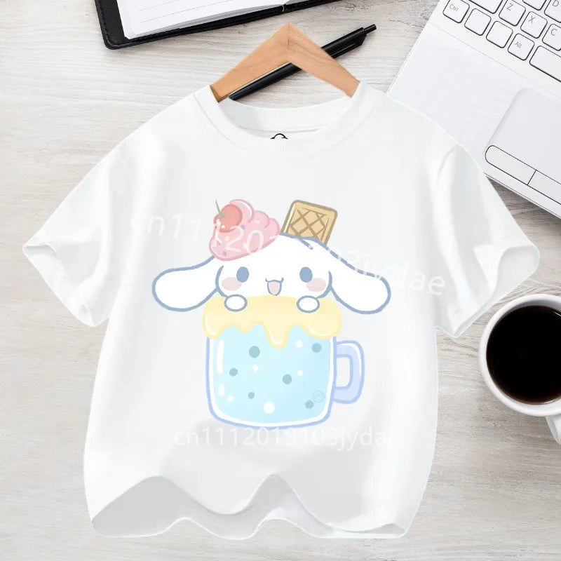 2026 Summer Casual Clothes Kawaii Gift Cute Cinnamoroll Girl T-shirt Cotton Anime Print Tee Shirt Kids Short Sleeve Streetwear