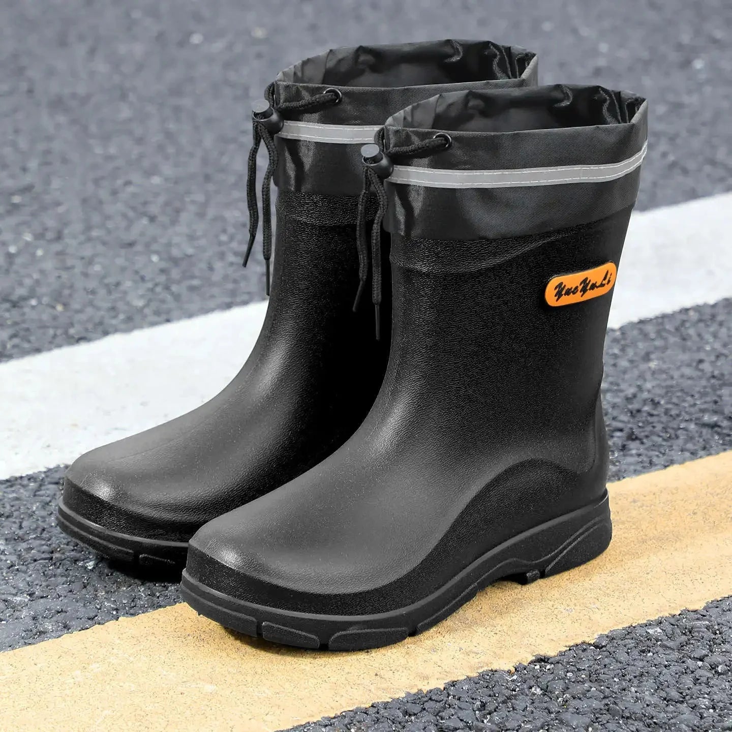 Men's Mid-Calf Waterproof Rain Boots Reflective Strip Security Flood Control Slip-On Shoe Camping Adventure Water Shoe