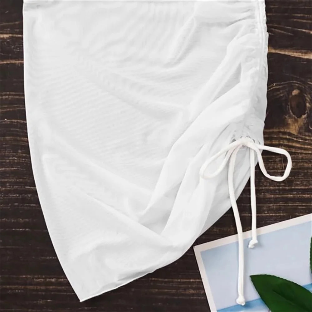 Beachwear Hip Skirt Translucent Sexy Swimsuit Beach Skirt Seaside Holiday Gauze Skirt Ruffled Overskirt Mesh Drawstring Solid