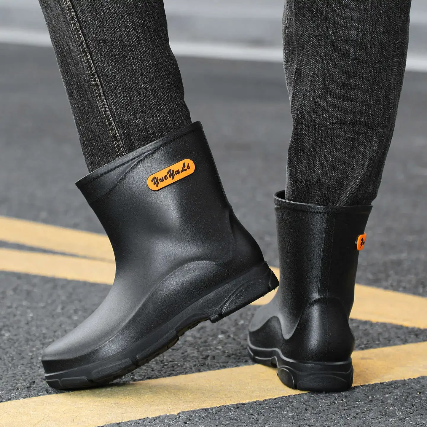 Men's Mid-Calf Waterproof Rain Boots Reflective Strip Security Flood Control Slip-On Shoe Camping Adventure Water Shoe