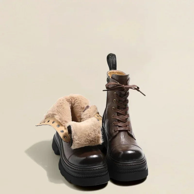Winter Women's Boots Warm Plush Comfortable Height Increasing Platform Outdoor Snow Boots Lace Up Waterproof Brown Short Boots