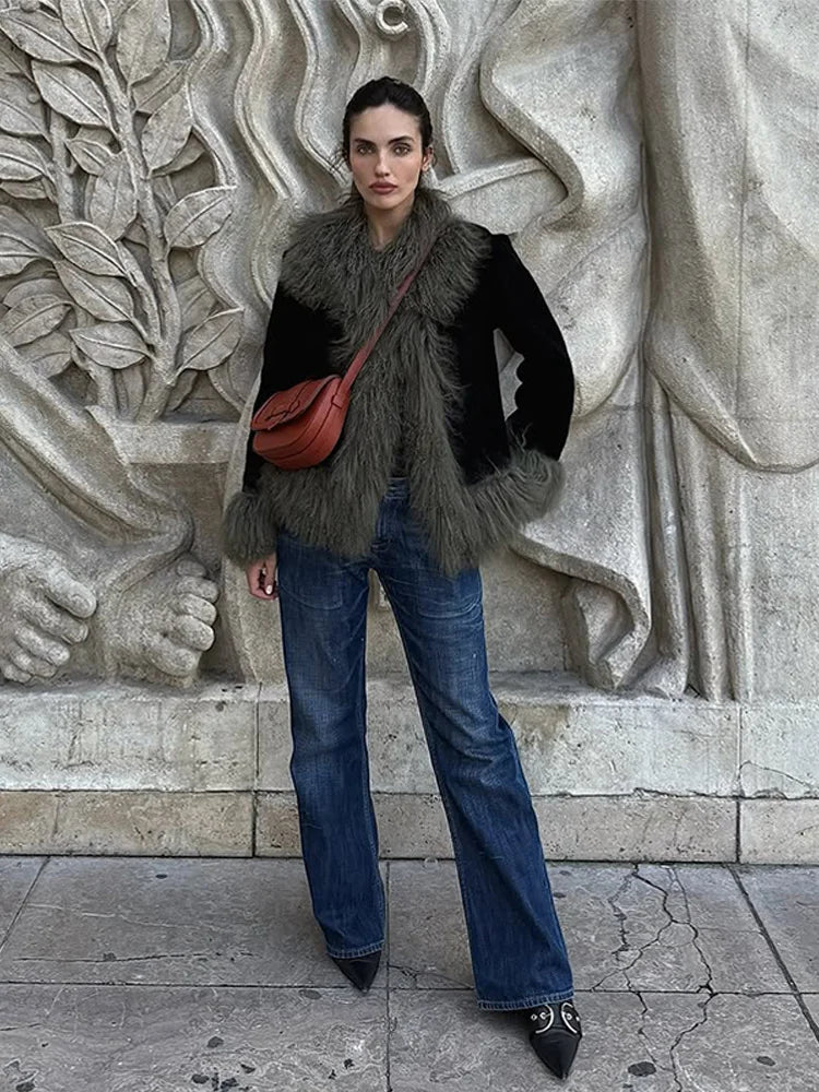 Vintage Patchwork Women's Faux Fur Trim Coat Urban Lapel Full Sleeve Female Jacket Female 2026 Autumn Winter Lady Streetwear New