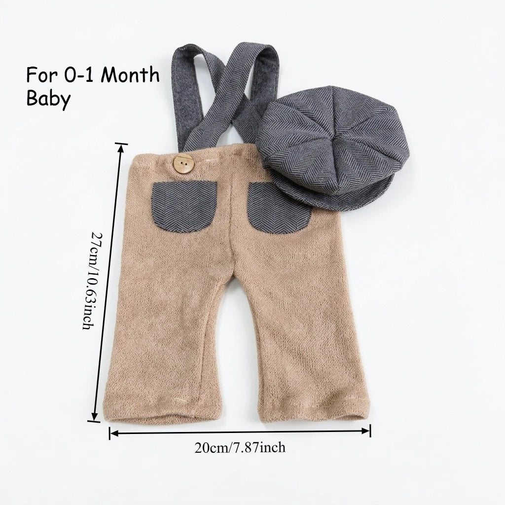 Newborn Boy Photography Props Knit Suspender Romper with Newsboy Hat Set Infant Photo Shoot Outfits Baby Photo Accessories