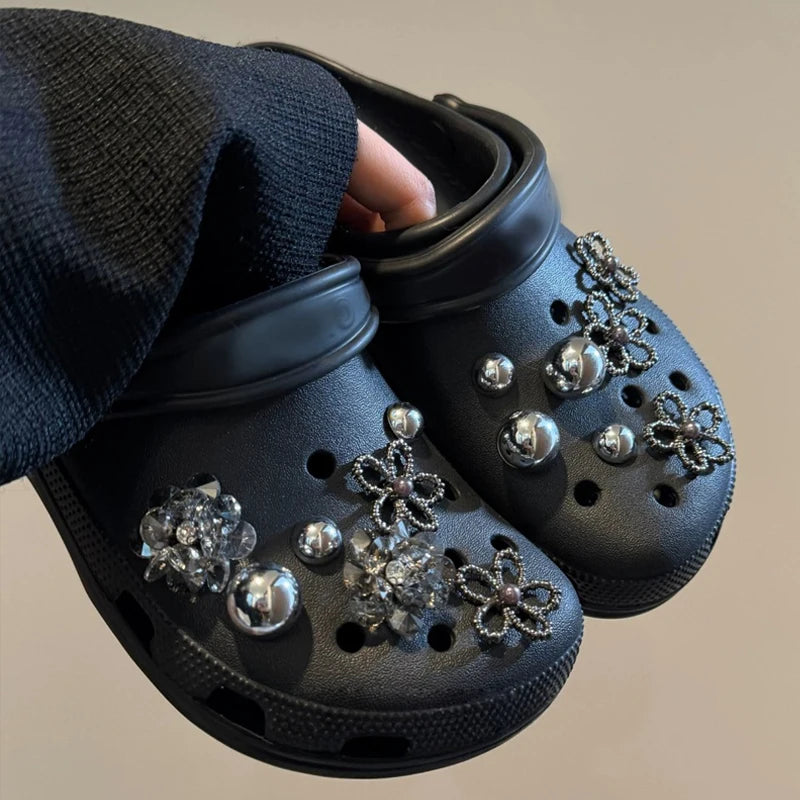Bling Silver Rhinestone Flower Shoe Charms Metal Bead Bow & Heart Clog Charms Luxury DIY Shoe Decoration Punk Y2K Style Clog Pin