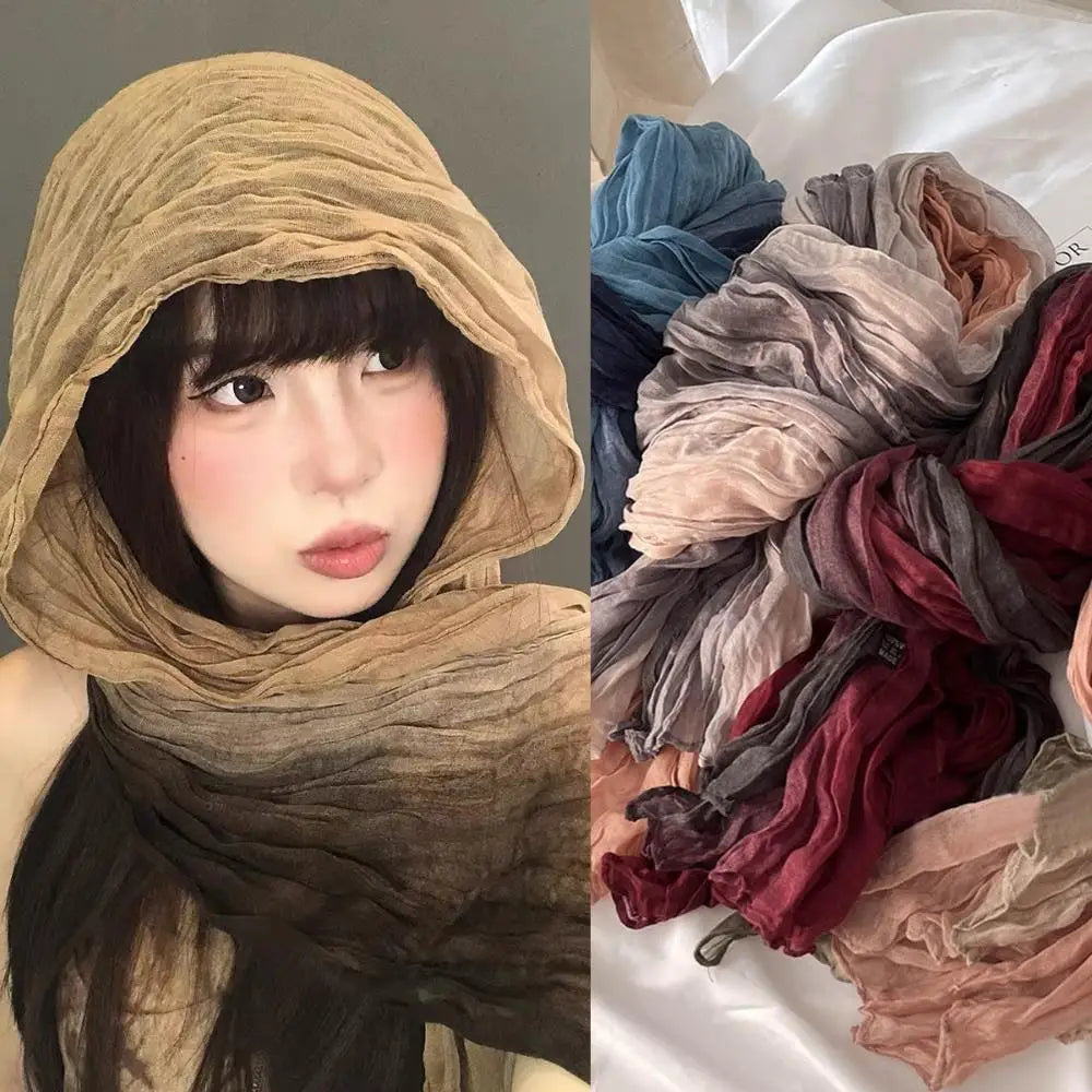 2025 Cotton Hemp Pleated Scarves Women's Gradient Color Linen Scarf  Fashionable Trend Fold Shawl Windproof Sand Proof Headscarf