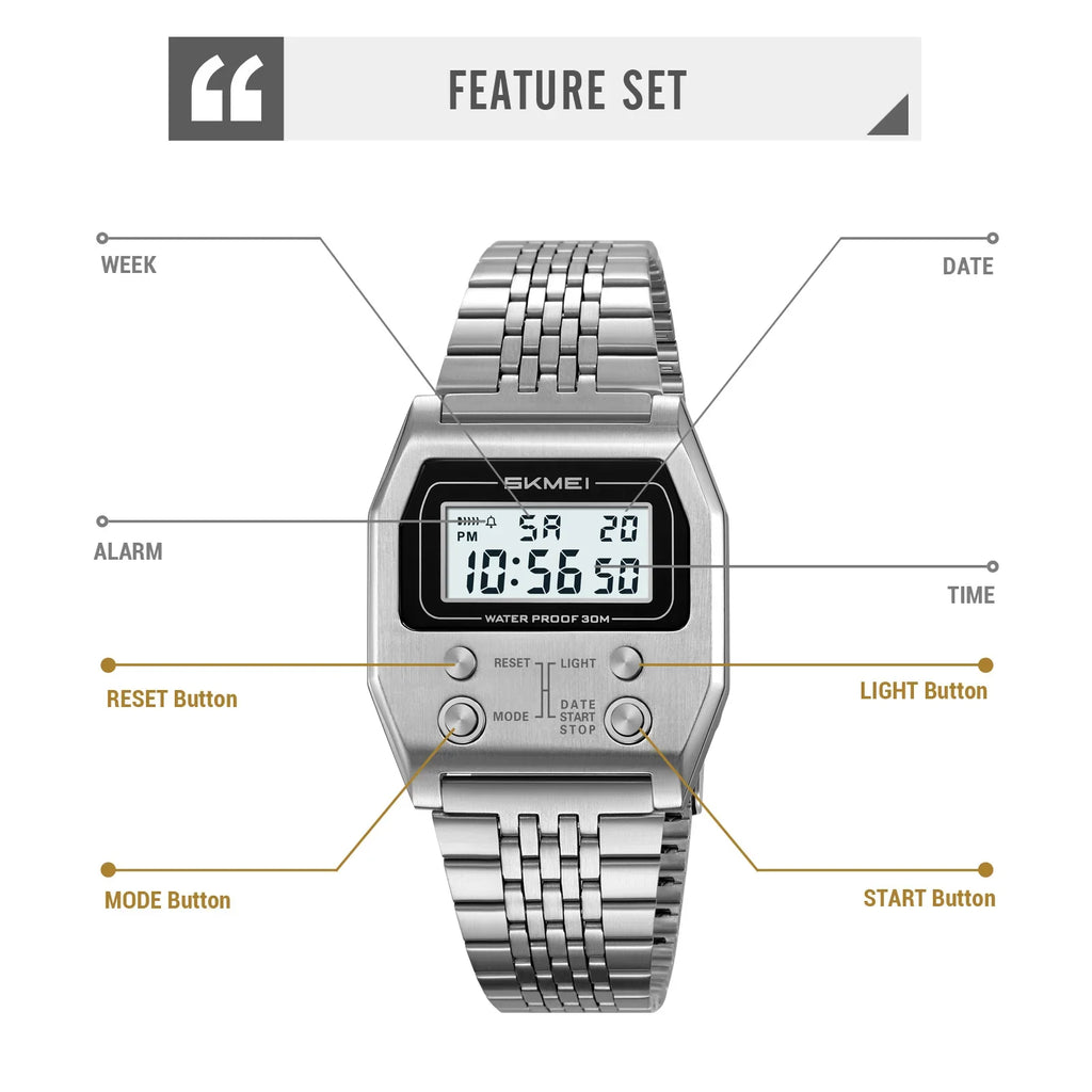 SKMEI 2460 Wristwatches Reloj Hombre Waterproof Digital Watch for Men Stainless Steel Sport Luxury Retro LED Electronic Mens