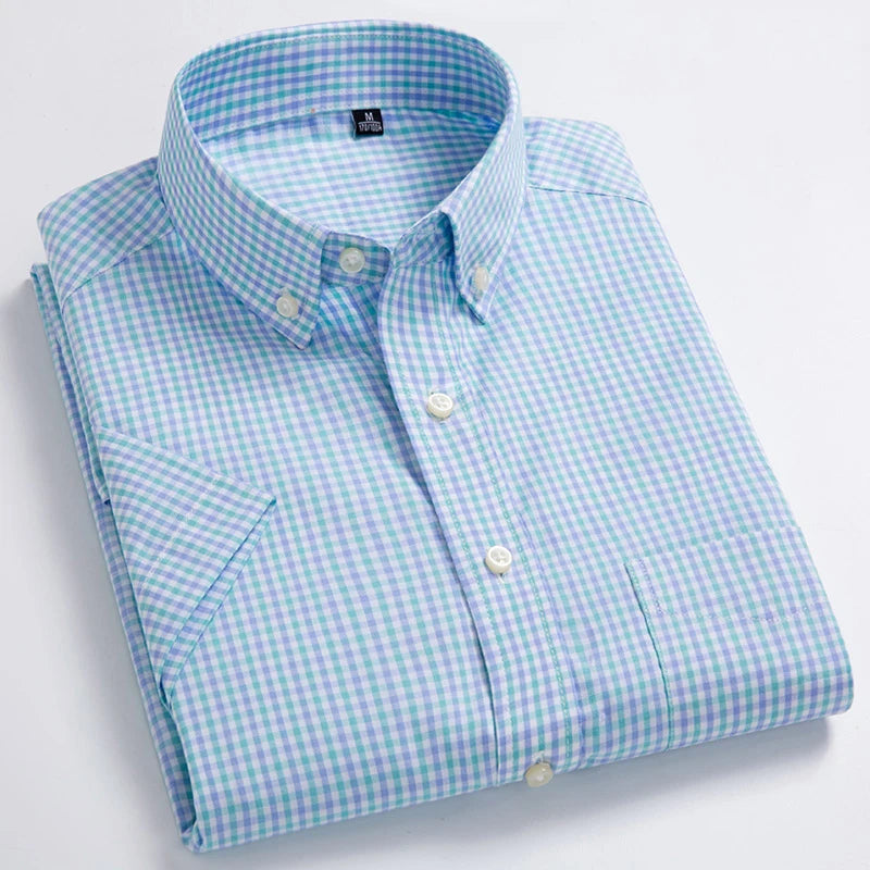 Men's Fashion Plaid Checkered Short Sleeve 100% Cotton Shirt Button-collar Holiday Youthful Striped Summer Casual Gingham Shirts