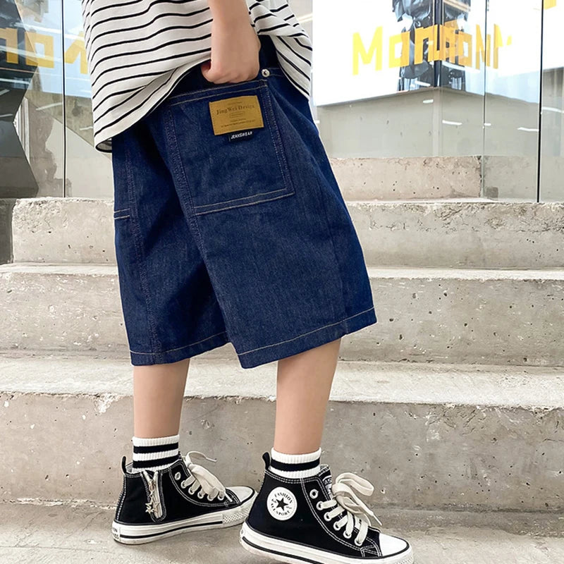 Teen Boys Denim Shorts 2026 New Summer Children Loose Wide Leg Knee Length Jean Pants Kid Casual Streetwear Elastic Waist Shorts