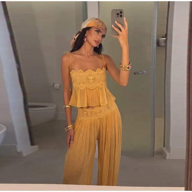 Women Pant Set Sheer Layers Spaghetti Strap Backless Lace Top Straps Solid Loose Straight Elastic Hem Fashion Beach Chic Suits
