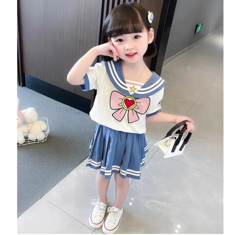 Baby Girls Clothes Sets Summer Bow Striped Tops Pleated Skirts Suits Cute Sailor Moon Cosplay Party Custume Children Clothes Set