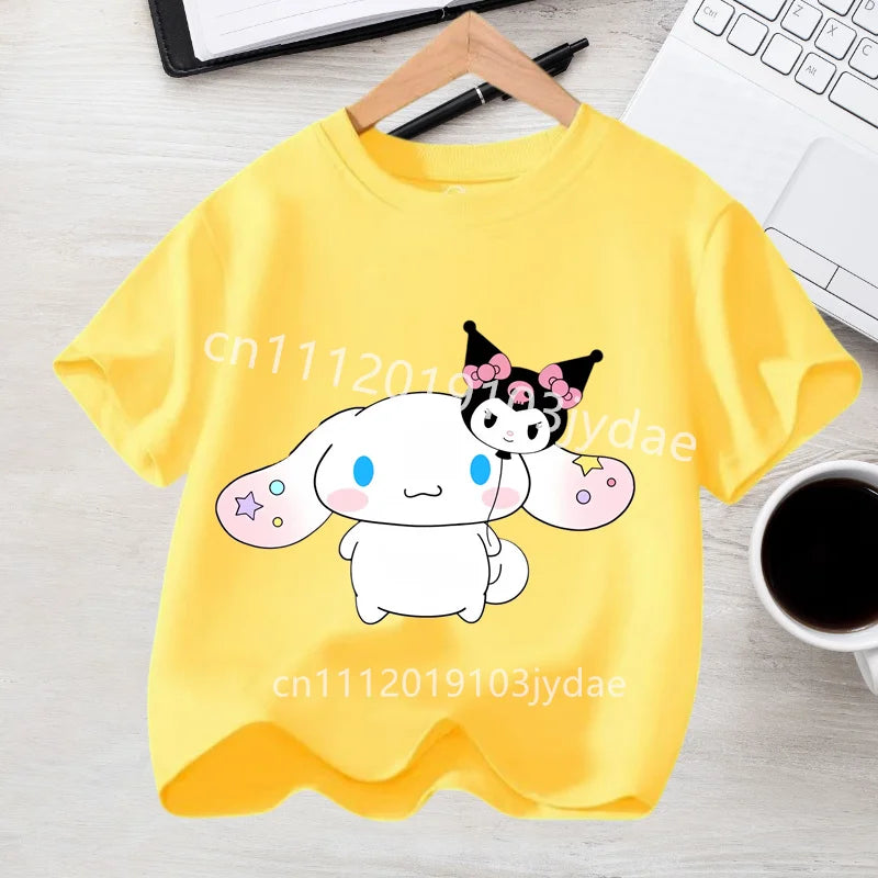 2026 Summer Casual Clothes Kawaii Gift Cute Cinnamoroll Girl T-shirt Cotton Anime Print Tee Shirt Kids Short Sleeve Streetwear
