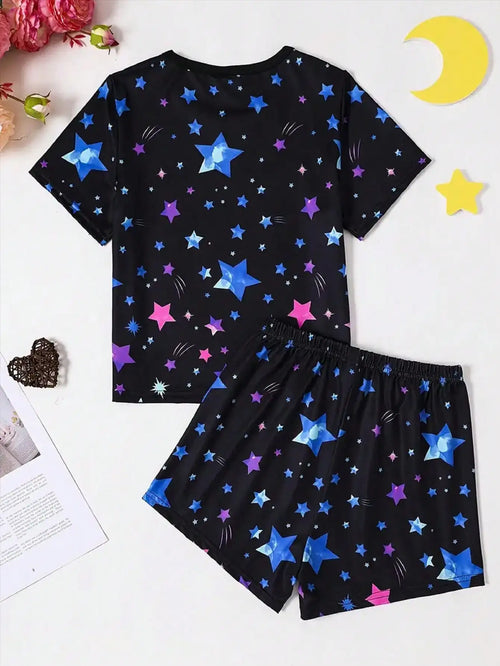 2026 Girls' Summer Home Leisure Two Piece Set, Pony Star Printed Round Neck Short Sleeve Top+Star Printed Wide Leg Shorts Set