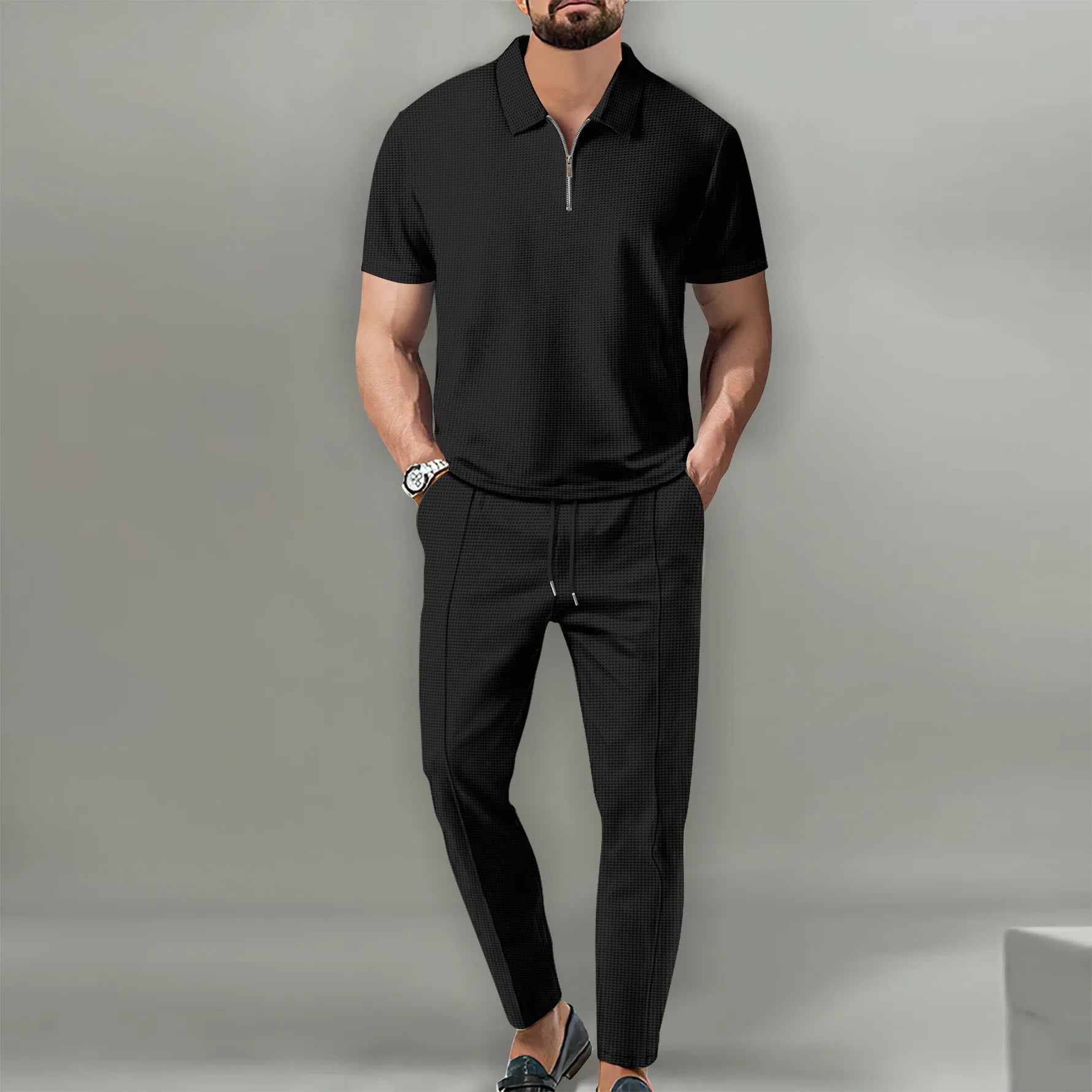 Summer Men Sports Polo Suit Short Sleeve Stylish Zipper Polo Shirt And Shorts Set Men Casual Streetwear 2-pie Leisure Sports Set