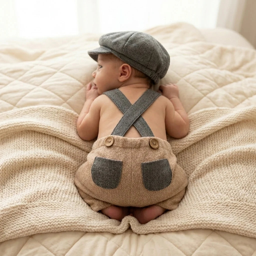 Newborn Boy Photography Props Knit Suspender Romper with Newsboy Hat Set Infant Photo Shoot Outfits Baby Photo Accessories