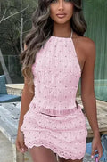 Pleated Halter Lace Up Top Women's Skirt Suits Women Sexy Ruffled Crop Top Lace Trim Mini Skirts 2026 Summer Lady Beach Outfit