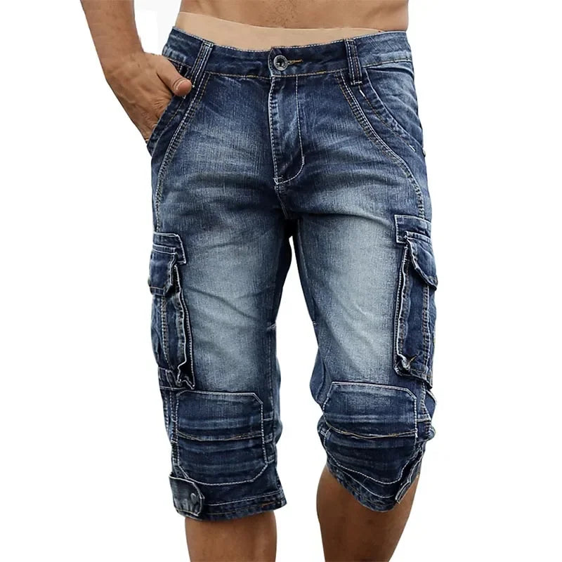 Men's Fashion Cargo Denim Shorts with Multi Pockets Slim Fit Military Jeans Shorts for Male Washed