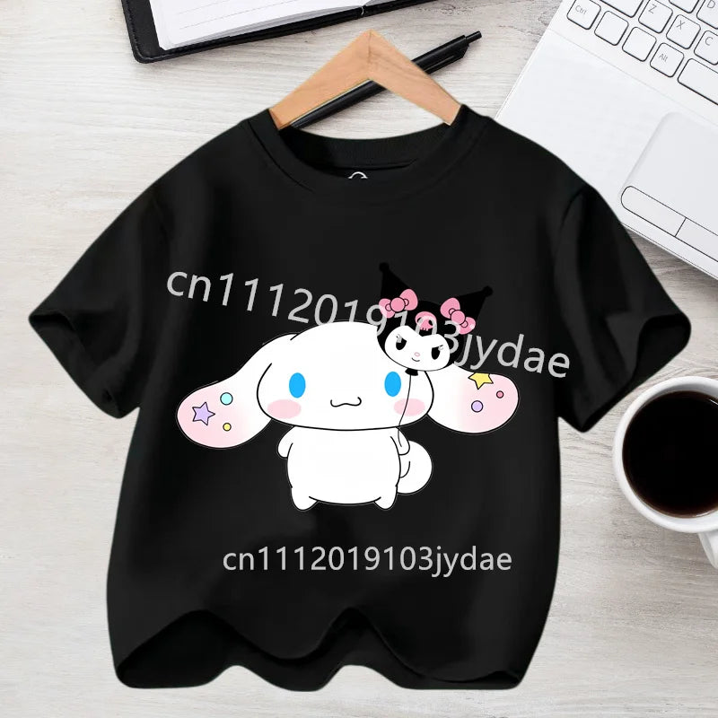 2026 Summer Casual Clothes Kawaii Gift Cute Cinnamoroll Girl T-shirt Cotton Anime Print Tee Shirt Kids Short Sleeve Streetwear