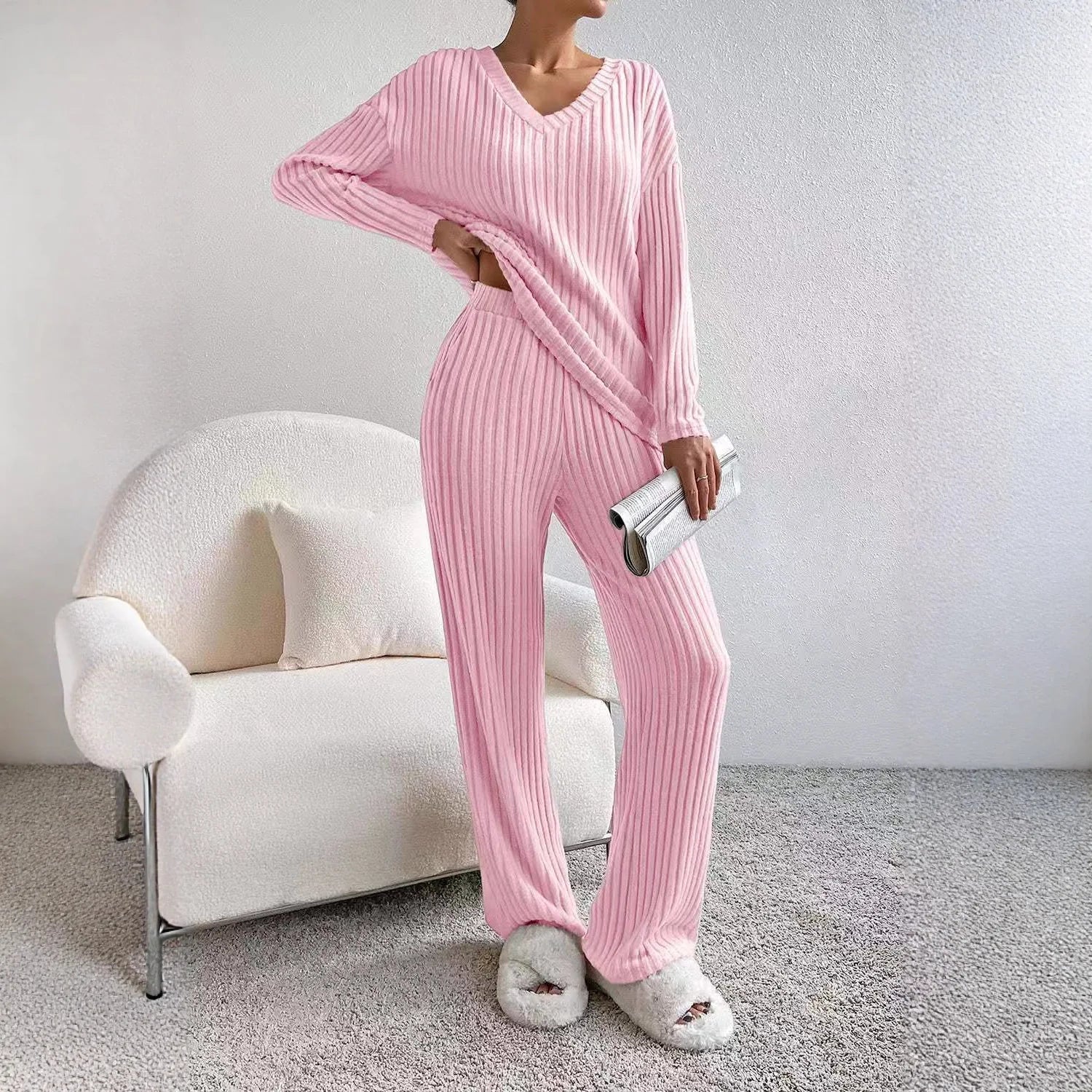 Fashionable Knitted Two-Piece Set Casual V-Neck Long Pants Autumn Winter New Style Loose Fit Korean Style Comfortable Polyester