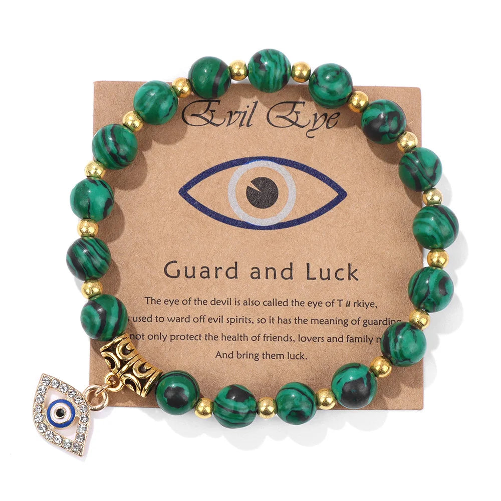 Green Aventurine Stone Card Bracelet Turkish Evil Eye Pendant Bracelets For Women Men Luck Protection Pray Meditation Jewelry