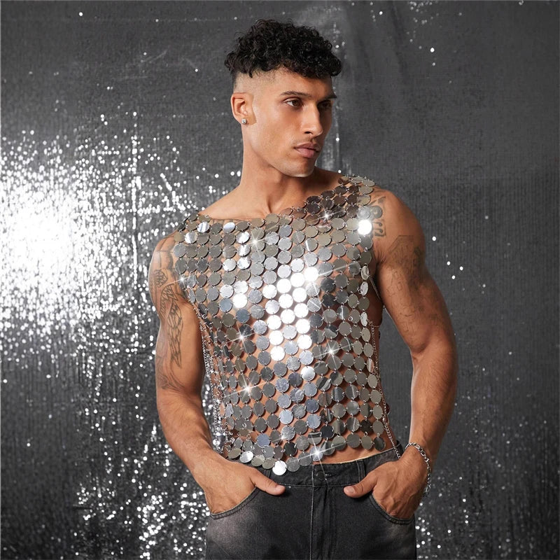 2025 New Men's Tank Tops Nightclub Metal Vest Handmade Sexy Perspective Party Stage Performance Punk Style Crop Top Accessories