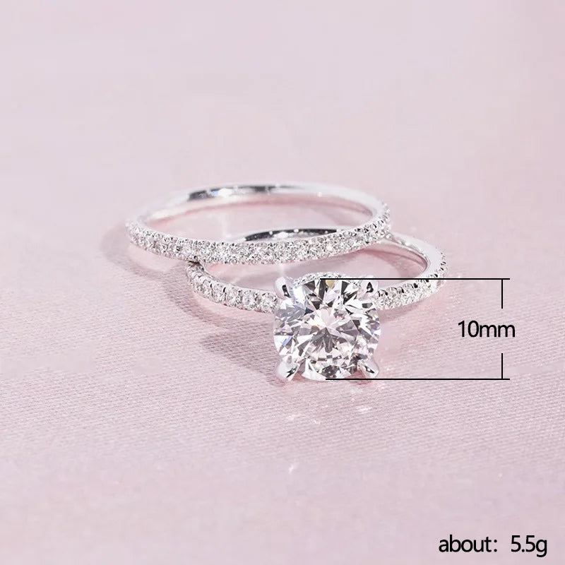 Huitan Trendy Female Set Rings with Brilliant Round Cubic Zircon Wedding Rings High Quality Silver Color Band Engagement Jewelry