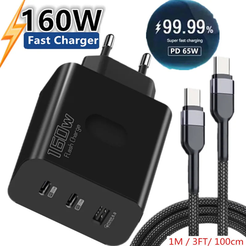 160W Fast Charger USB Type C Phone Charger Adapter Quick Charge QC 5.0 3.0 PD 65W Charger For iPhone iPad Samsung Huawei Xiaomi