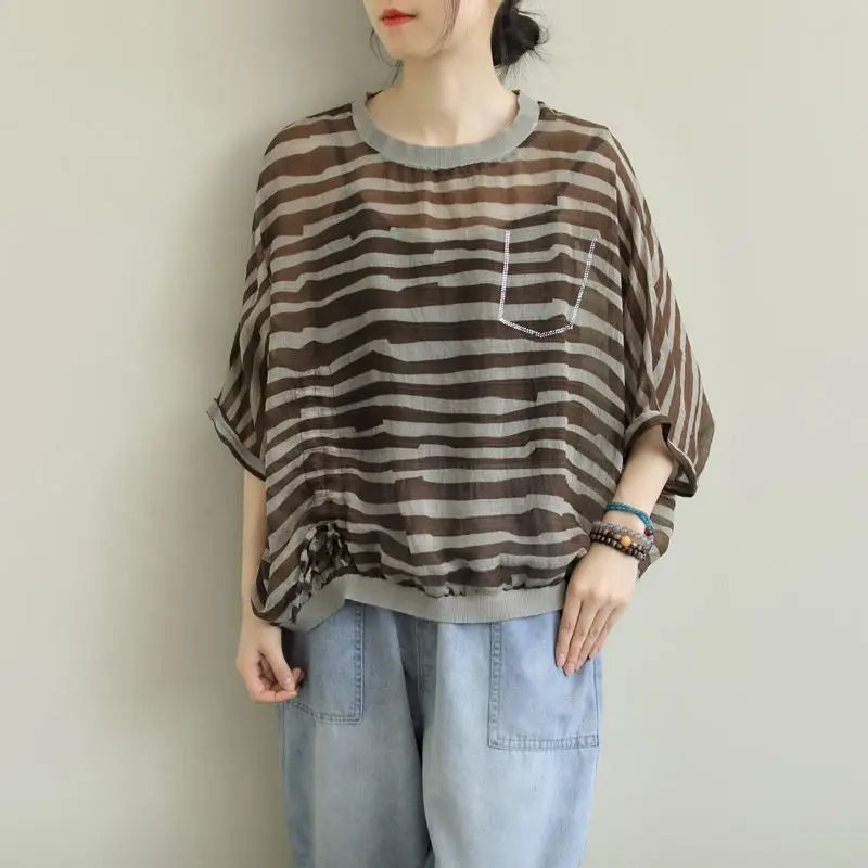 Oversized T Shirts Women Fashion Striped Irregular Design T-shirt Casual Loose Short Sleeve Top Summer Trend Thin Tshirt Vintage