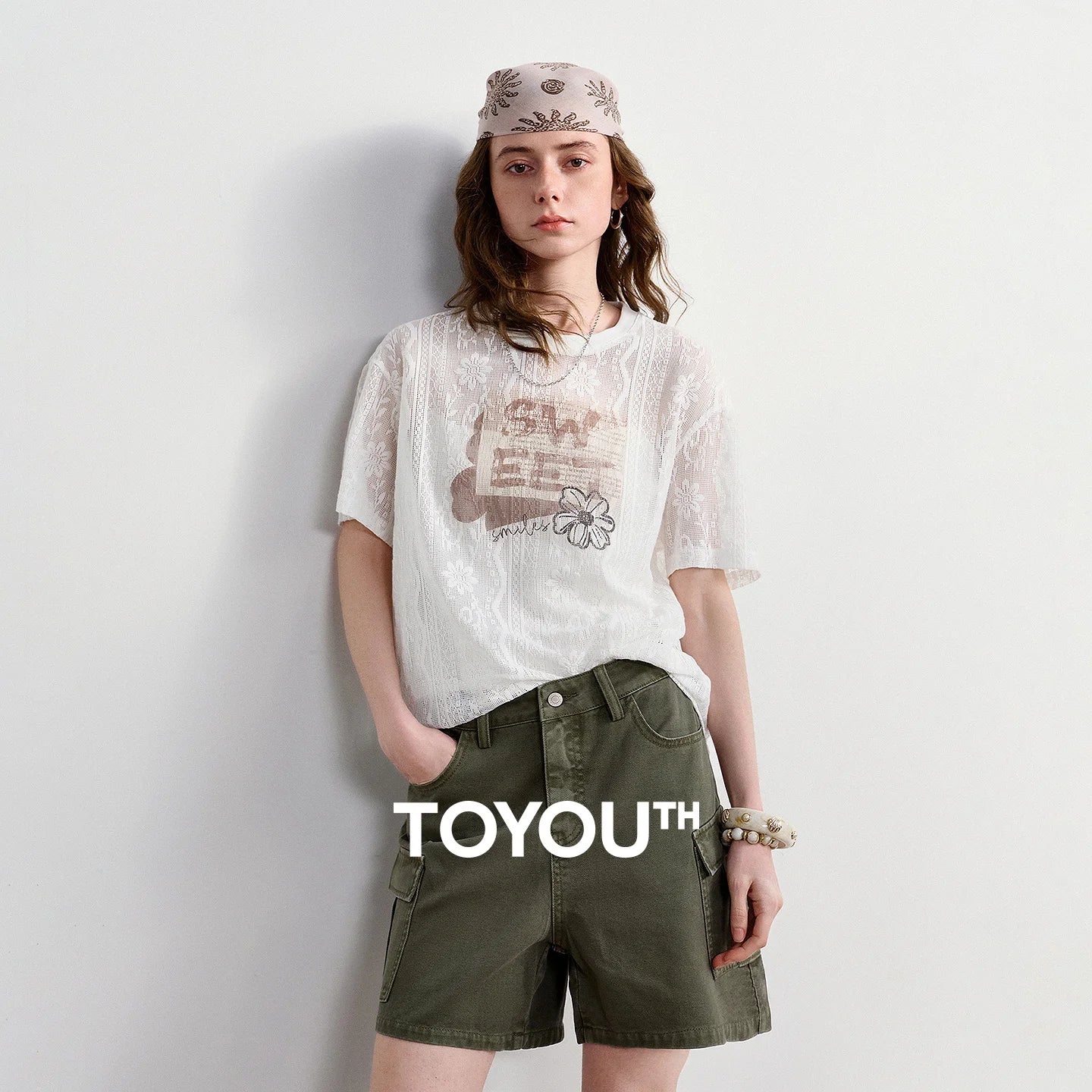 TOYOUTH Women Lace Sheer T-Shirt 2026 Summer New Letter Flower Print Loose Drop Shoulder Fashion Pullover Tops