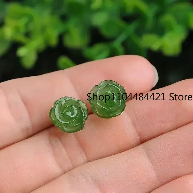 Natural Real Green Jade Rose Earrings 925 Sterling Silver Ear Studs Vintage Gemstone Jewelry TalismansEnergy Amulet Luxury Gift