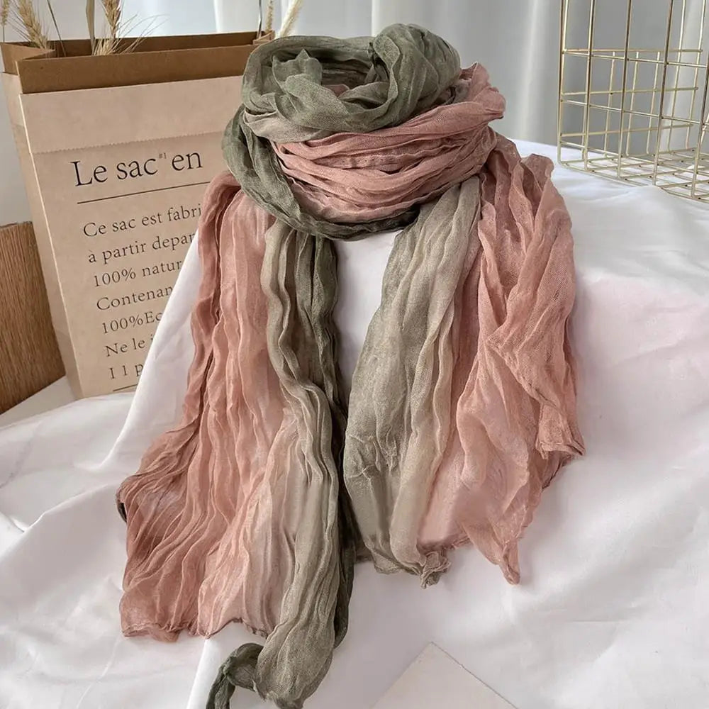 2025 Cotton Hemp Pleated Scarves Women's Gradient Color Linen Scarf  Fashionable Trend Fold Shawl Windproof Sand Proof Headscarf