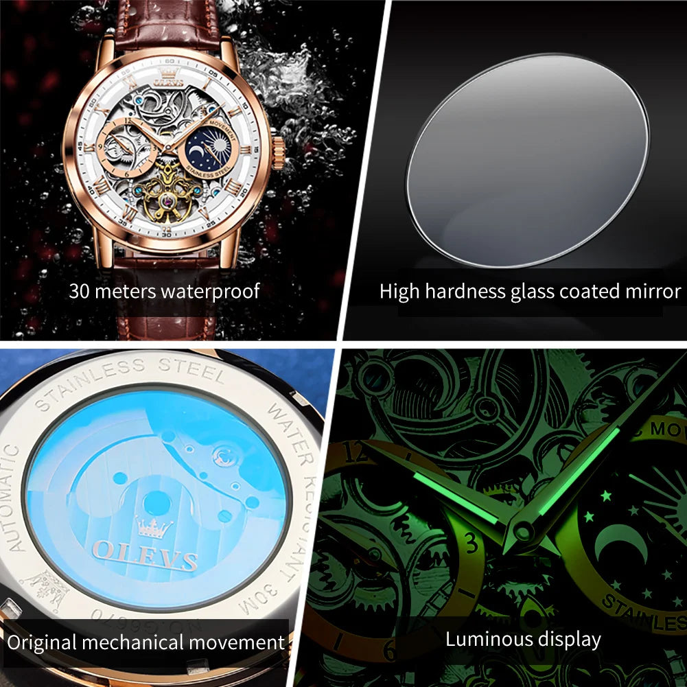 OLEVS 6670  Men Watch Luxury Leather Strap Sport Clock Business Automatic Mechanical Skeleton Wristwatch for Man High Quality