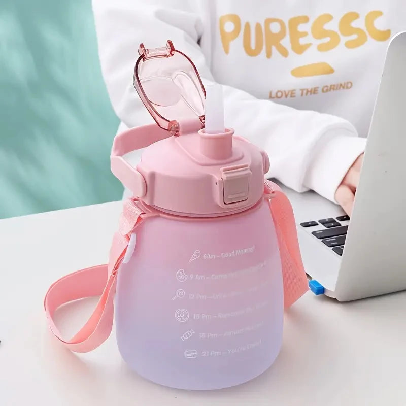 1.3L Large Capacity Sports Water Bottle with Straw Gradient Color Women's Outdoor Running Portable Plastic Bottle