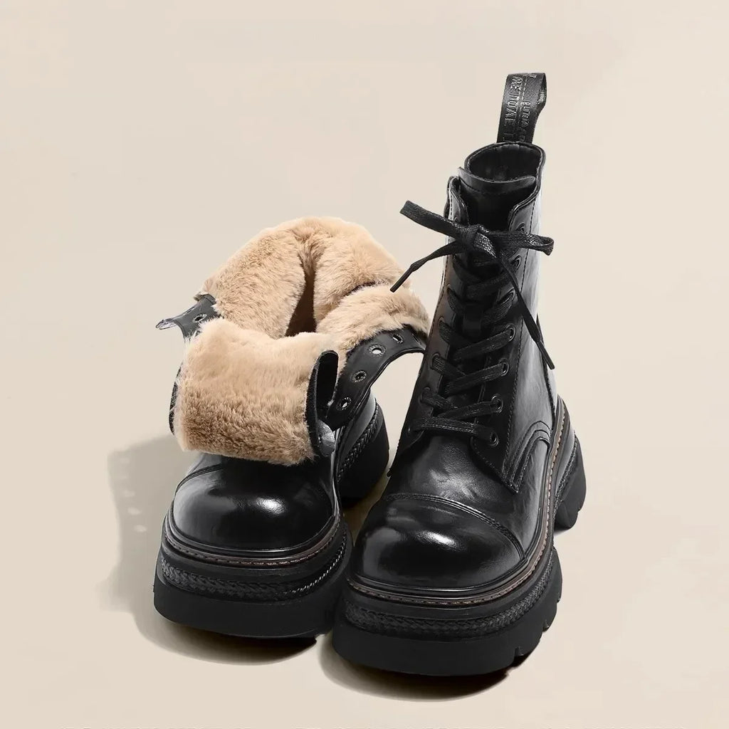 Winter Women's Boots Warm Plush Comfortable Height Increasing Platform Outdoor Snow Boots Lace Up Waterproof Brown Short Boots