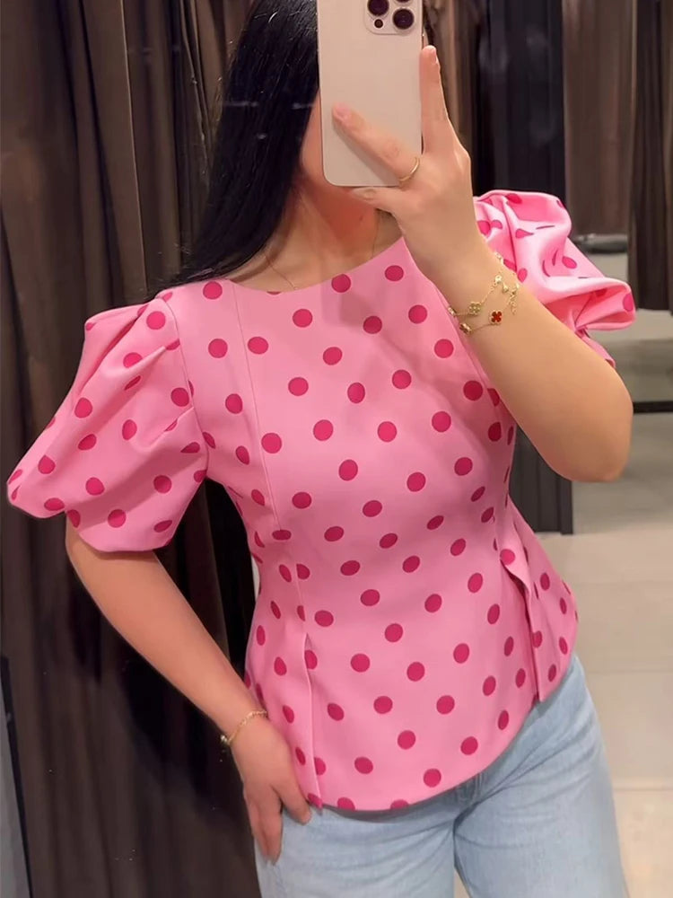 TFMLN Women's Sweet Blouse 2026 Street Chic O Neck Tee Female Summer Casual Vintage Polka Dot Puff Short Sleeve Tops New