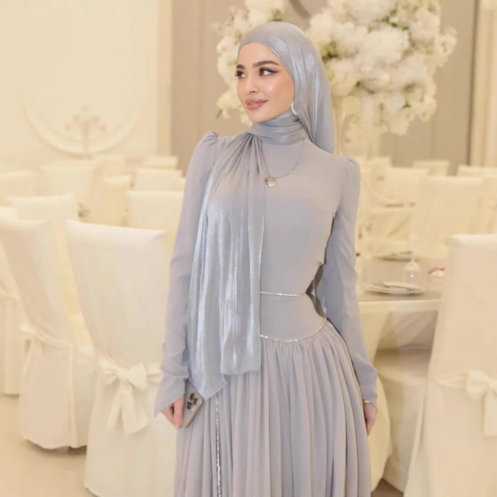 Women Eid Abayas Party Long Dresses Headscarf Diamond Chain Muslim Ramadan Morocco Dubai Kaftan Islam Vestidos Robe Jalabiya