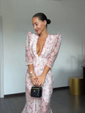 Lace Trim Satin Peplum Midi Dress Deep V-Neck Puff Sleeve A-Line 2026 Spring Summer Chic Elegant Romantic Women Cocktail Dress