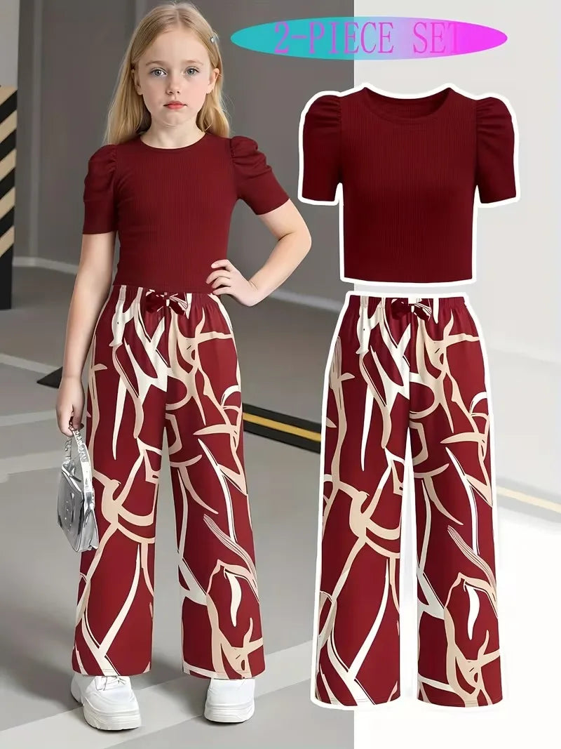 Girls 2-Piece Outfit Green Puff Sleeve Ribbed Crop Top & Abstract Print Wide Leg Pants Set