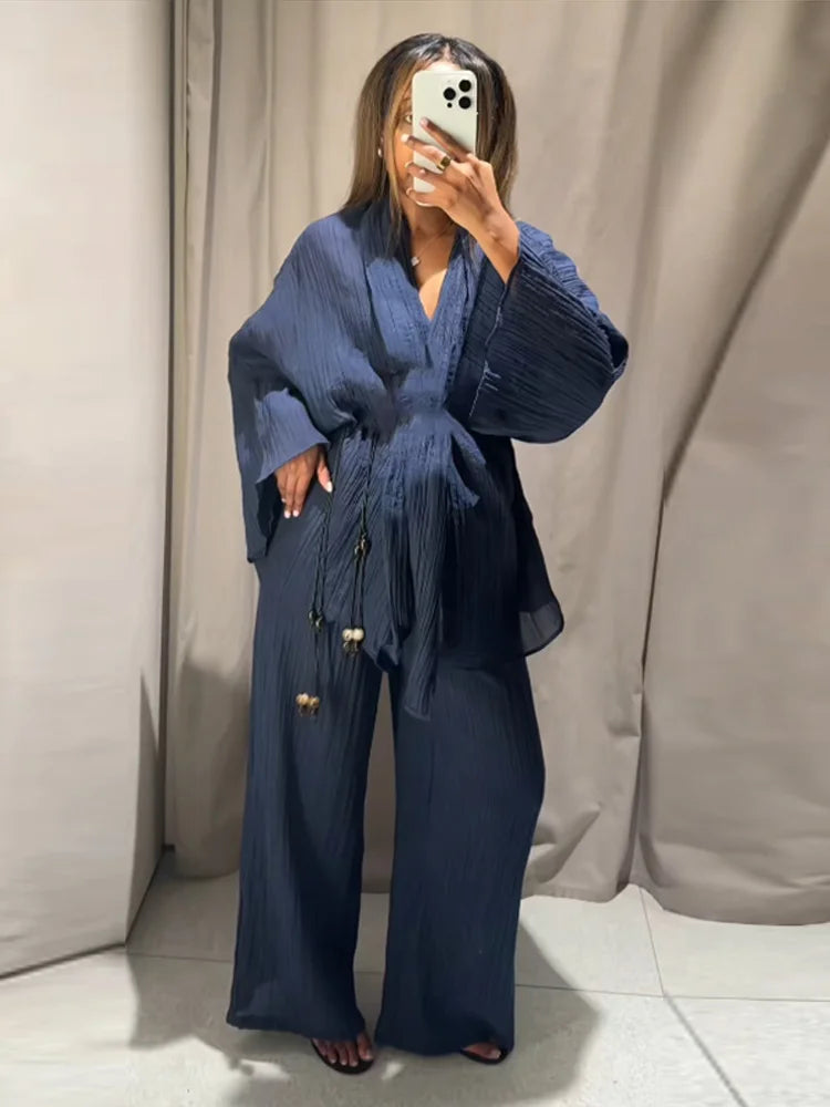 Casual Pleated Cardigan Pants Set V-neck Drop Shoulder Flared Sleeves Belt Waist Shirt Wide Leg Pants 2026 Chic Lightweight Sets