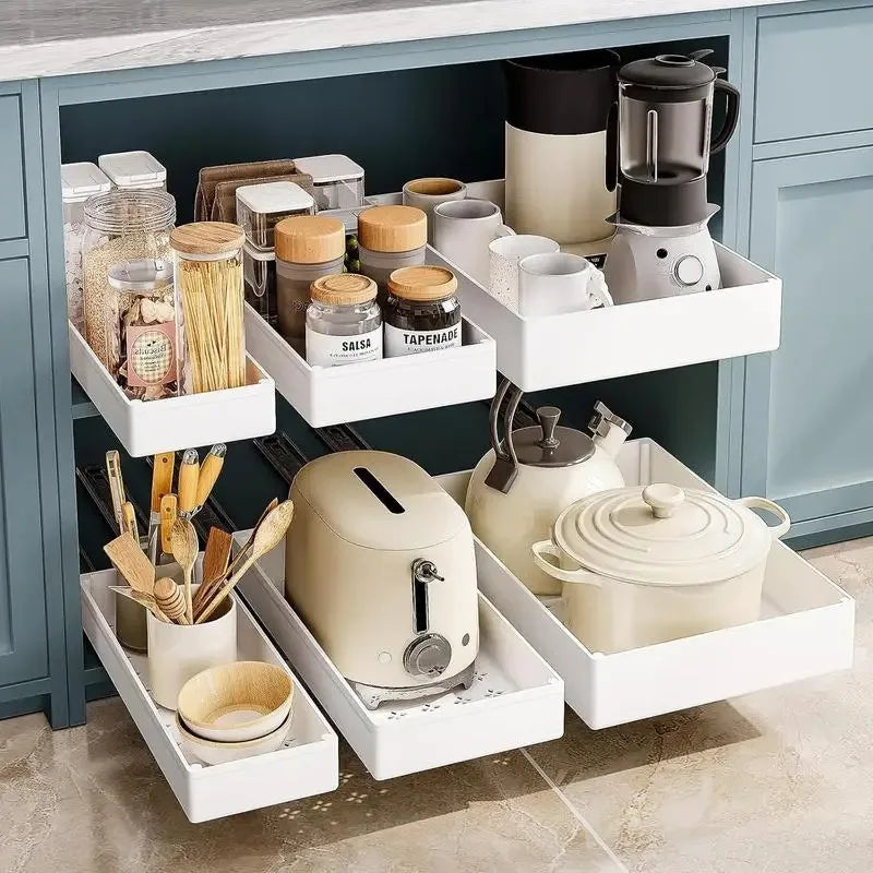 1-2pcs Kitchen Organizer Pull Out Cabinet Storage Rack Drawer Type Storage Tray with Slide Rails Cabinets Organizer for Pantry