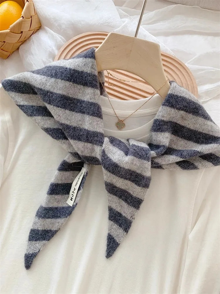 Korean Stripe Triangle Scarf 100% Wool Triangular Scarf Men Women British Niche Headscarf Knitted  Multi-functional Warm Scarf
