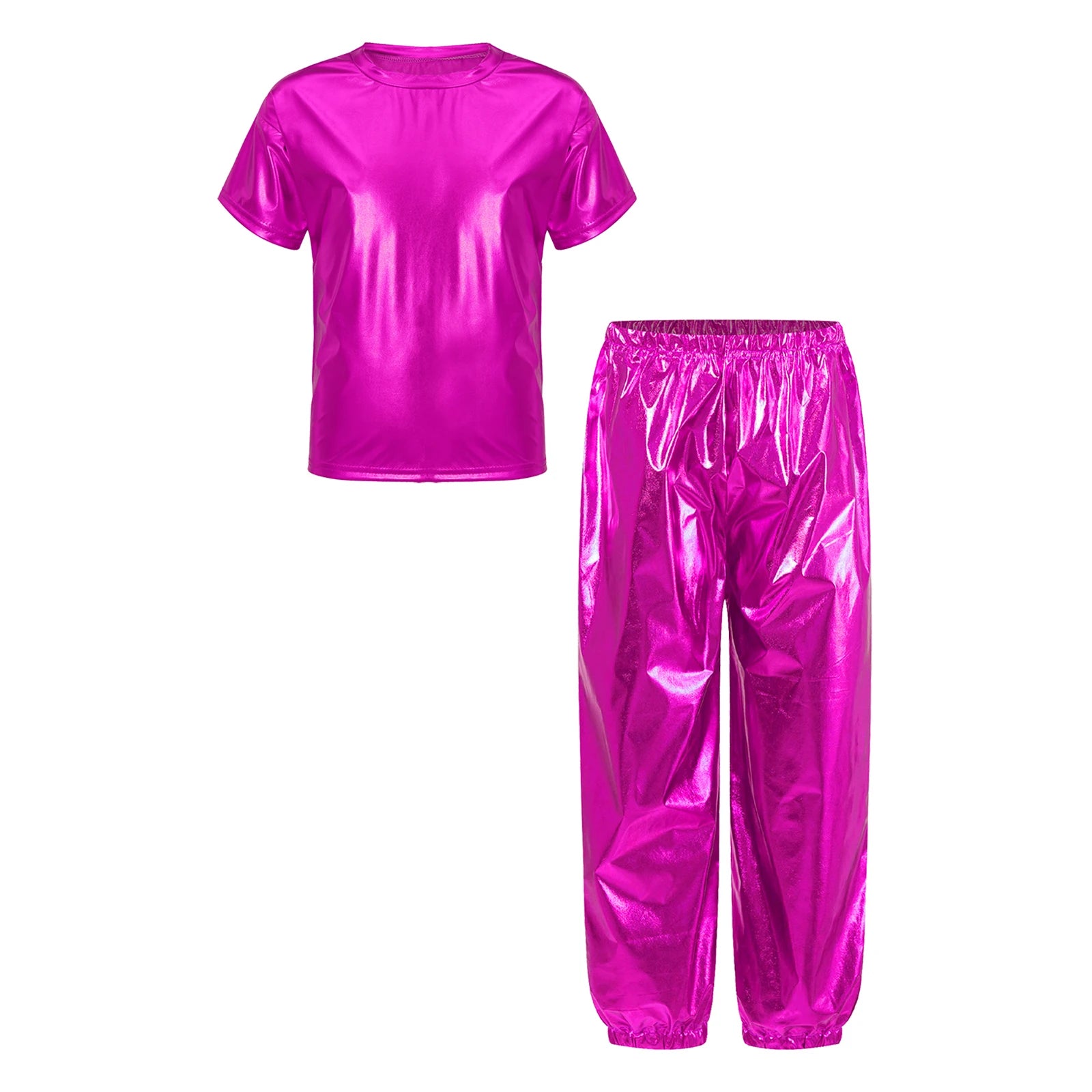 Kids Girls Boys Fashion Clothes Set Metallic Shiny T-shirt with Pants Suit for Jazz Hip Hop Street Dance Performance Costume