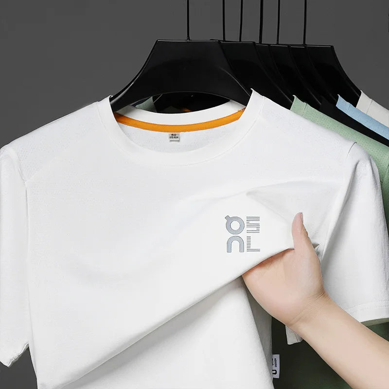 High end brand ice silk short sleeve summer breathable comfort quick drying men's T-shirt fashion printed casual round neck top