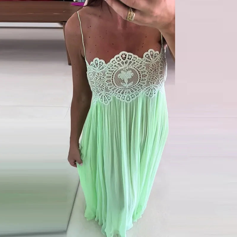 Sheer Layers Lace Stitching Solid Women's Suit Sling Mini Top High Waist Loose Long Skirt Fashion 2026 Summer New Beach Lady Set