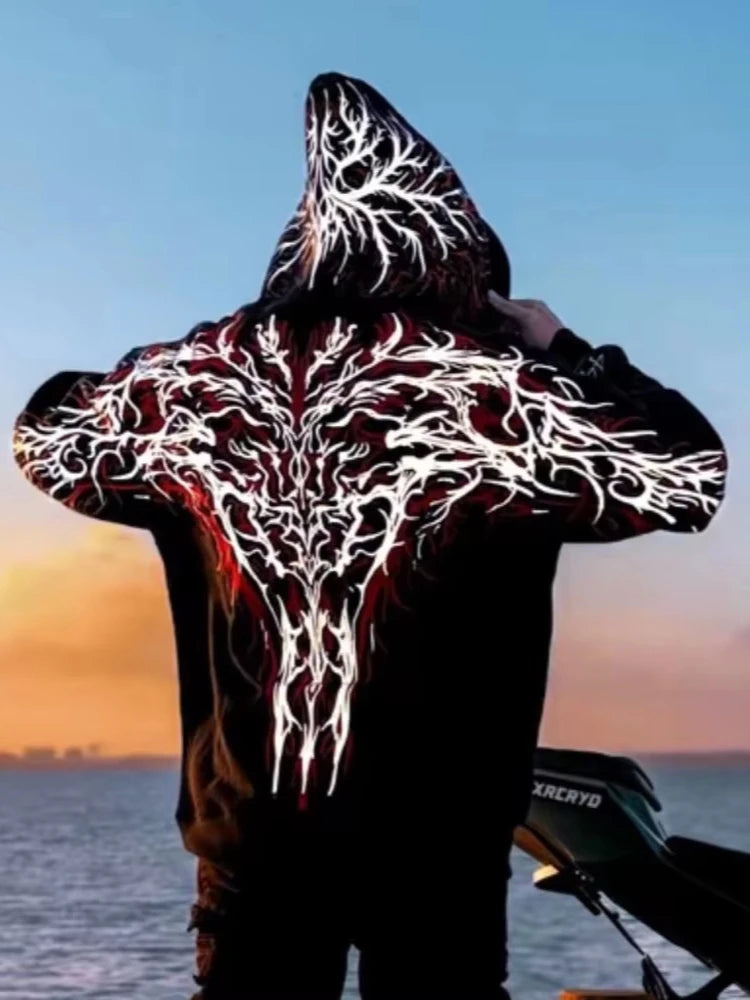 Y2K Gothic Reflective 444 Print Hoodie Men Women Harajuku Streetwear Oversized Black Hooded Sweatshirt Hip Hop Pullover Tops New