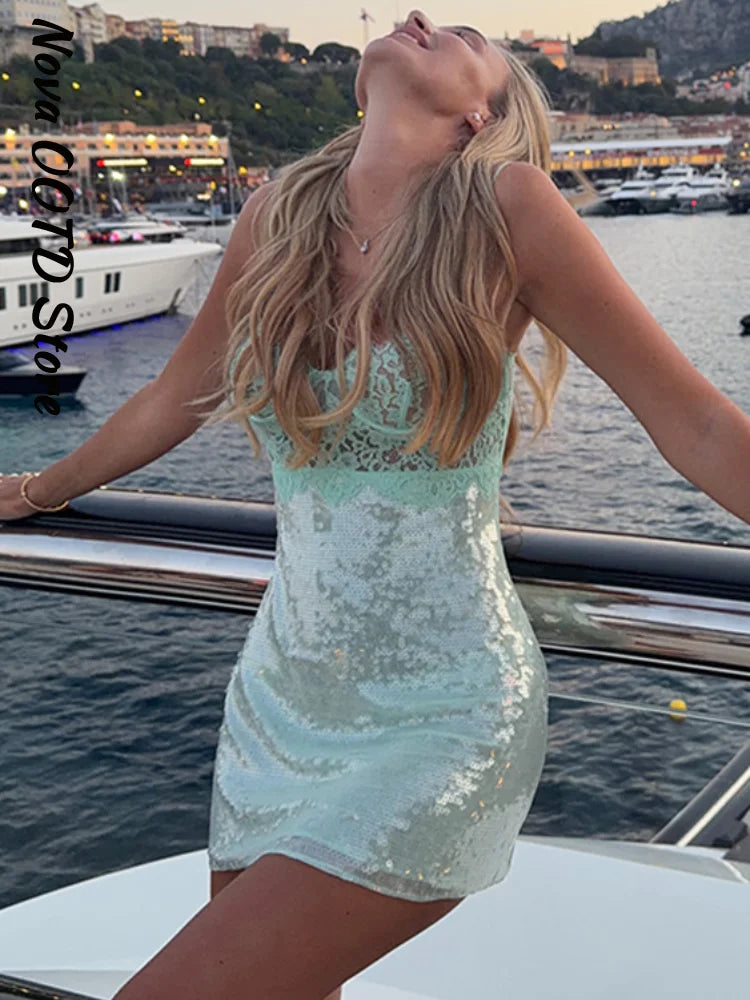 Beach Sequin Women's Dress Y2k Sexy Lace Spliced See Through Strap Mini Summer Dresses New Vacation Casual Party Robe 2026