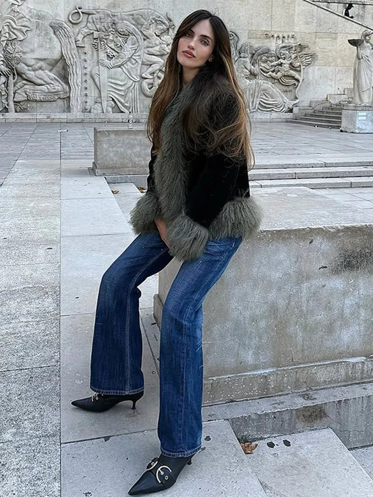 Vintage Patchwork Women's Faux Fur Trim Coat Urban Lapel Full Sleeve Female Jacket Female 2026 Autumn Winter Lady Streetwear New