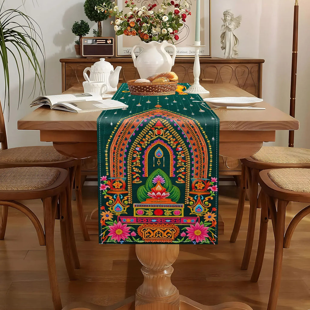 1 Piece of Indian-Style Elephant and Temple-Themed Table Runner, Golden Elephant, Indian Temple and Floral Decoration Pattern, Suitable for Indian Cultural Theme Parties, Exotic Restaurant Decorations, Indian Festival Event A