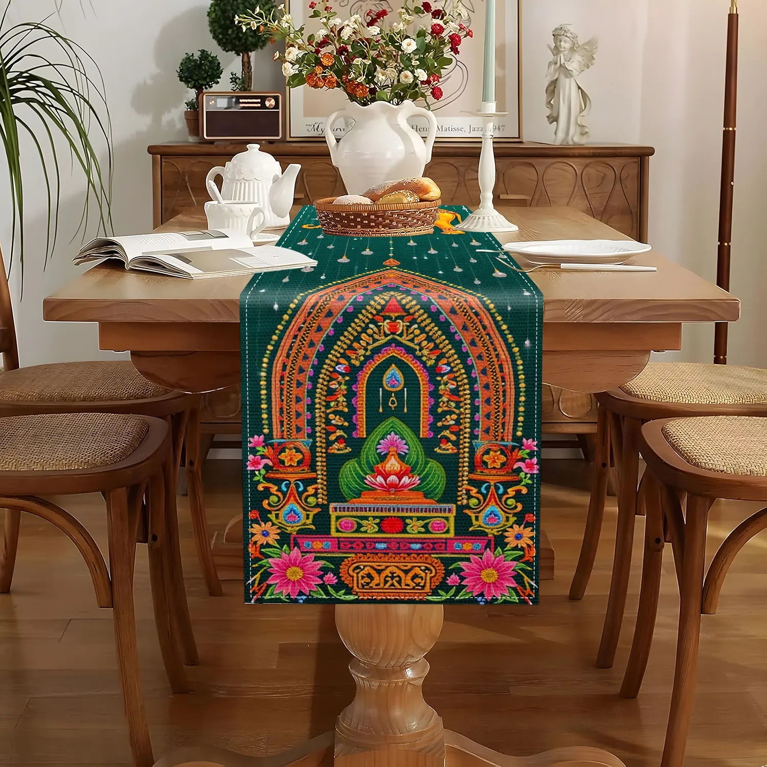 1 Piece of Indian-Style Elephant and Temple-Themed Table Runner, Golden Elephant, Indian Temple and Floral Decoration Pattern, Suitable for Indian Cultural Theme Parties, Exotic Restaurant Decorations, Indian Festival Event A